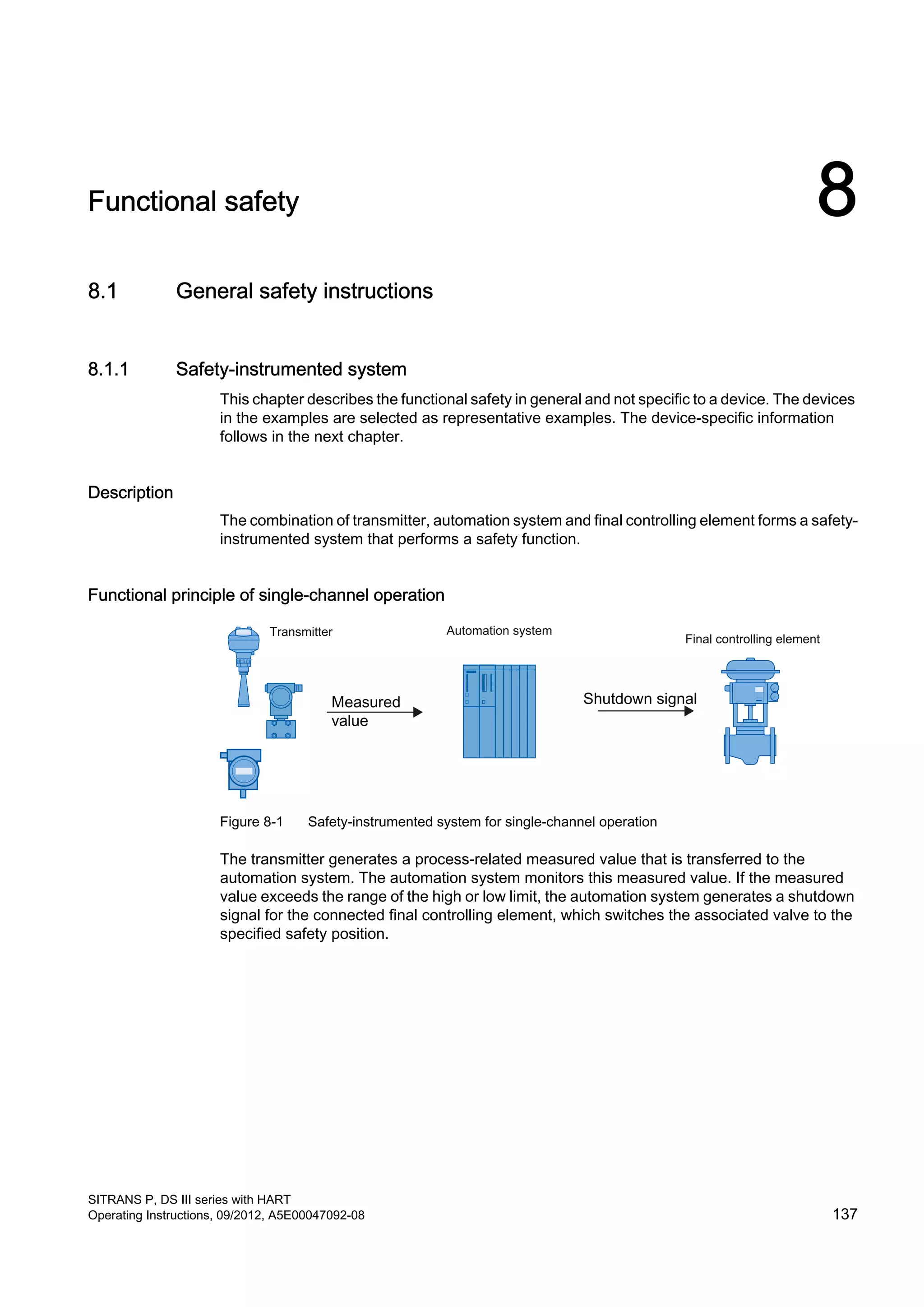 Functional safety 8
8.1 General safety instructions
8.1.1 Safety-instrumented system
This chapter describes the functional safety in general and not specific to a device. The devices
in the examples are selected as representative examples. The device-specific information
follows in the next chapter.
Description
The combination of transmitter, automation system and final controlling element forms a safety-
instrumented system that performs a safety function.
Functional principle of single-channel operation
Automation systemTransmitter
Final controlling element
Figure 8-1 Safety-instrumented system for single-channel operation
The transmitter generates a process-related measured value that is transferred to the
automation system. The automation system monitors this measured value. If the measured
value exceeds the range of the high or low limit, the automation system generates a shutdown
signal for the connected final controlling element, which switches the associated valve to the
specified safety position.
SITRANS P, DS III series with HART
Operating Instructions, 09/2012, A5E00047092-08 137
 