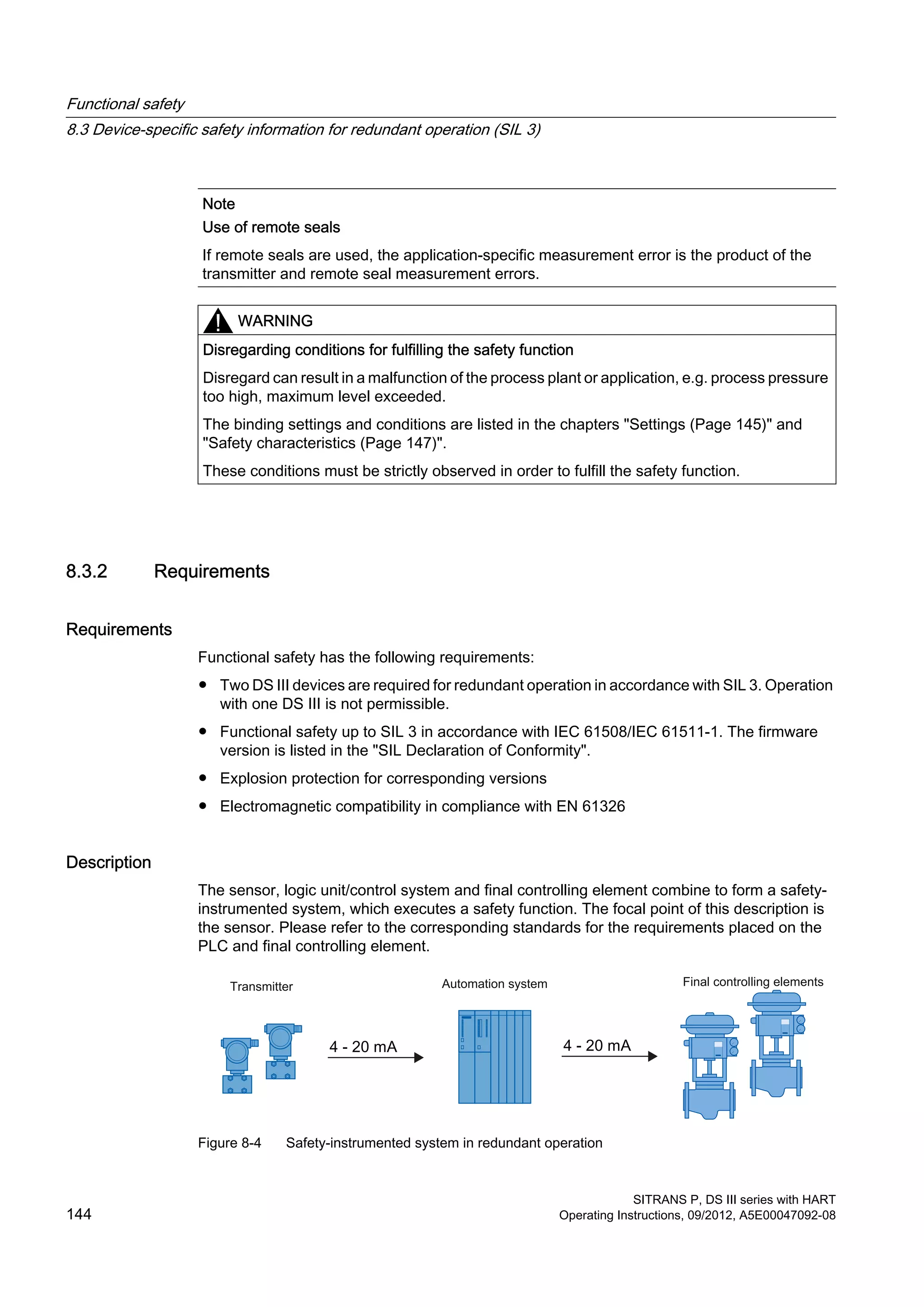 Note
Use of remote seals
If remote seals are used, the application-specific measurement error is the product of the
transmitter and remote seal measurement errors.
WARNING
Disregarding conditions for fulfilling the safety function
Disregard can result in a malfunction of the process plant or application, e.g. process pressure
too high, maximum level exceeded.
The binding settings and conditions are listed in the chapters "Settings (Page 145)" and
"Safety characteristics (Page 147)".
These conditions must be strictly observed in order to fulfill the safety function.
8.3.2 Requirements
Requirements
Functional safety has the following requirements:
● Two DS III devices are required for redundant operation in accordance with SIL 3. Operation
with one DS III is not permissible.
● Functional safety up to SIL 3 in accordance with IEC 61508/IEC 61511-1. The firmware
version is listed in the "SIL Declaration of Conformity".
● Explosion protection for corresponding versions
● Electromagnetic compatibility in compliance with EN 61326
Description
The sensor, logic unit/control system and final controlling element combine to form a safety-
instrumented system, which executes a safety function. The focal point of this description is
the sensor. Please refer to the corresponding standards for the requirements placed on the
PLC and final controlling element.
Automation systemTransmitter Final controlling elements
Figure 8-4 Safety-instrumented system in redundant operation
Functional safety
8.3 Device-specific safety information for redundant operation (SIL 3)
SITRANS P, DS III series with HART
144 Operating Instructions, 09/2012, A5E00047092-08
 