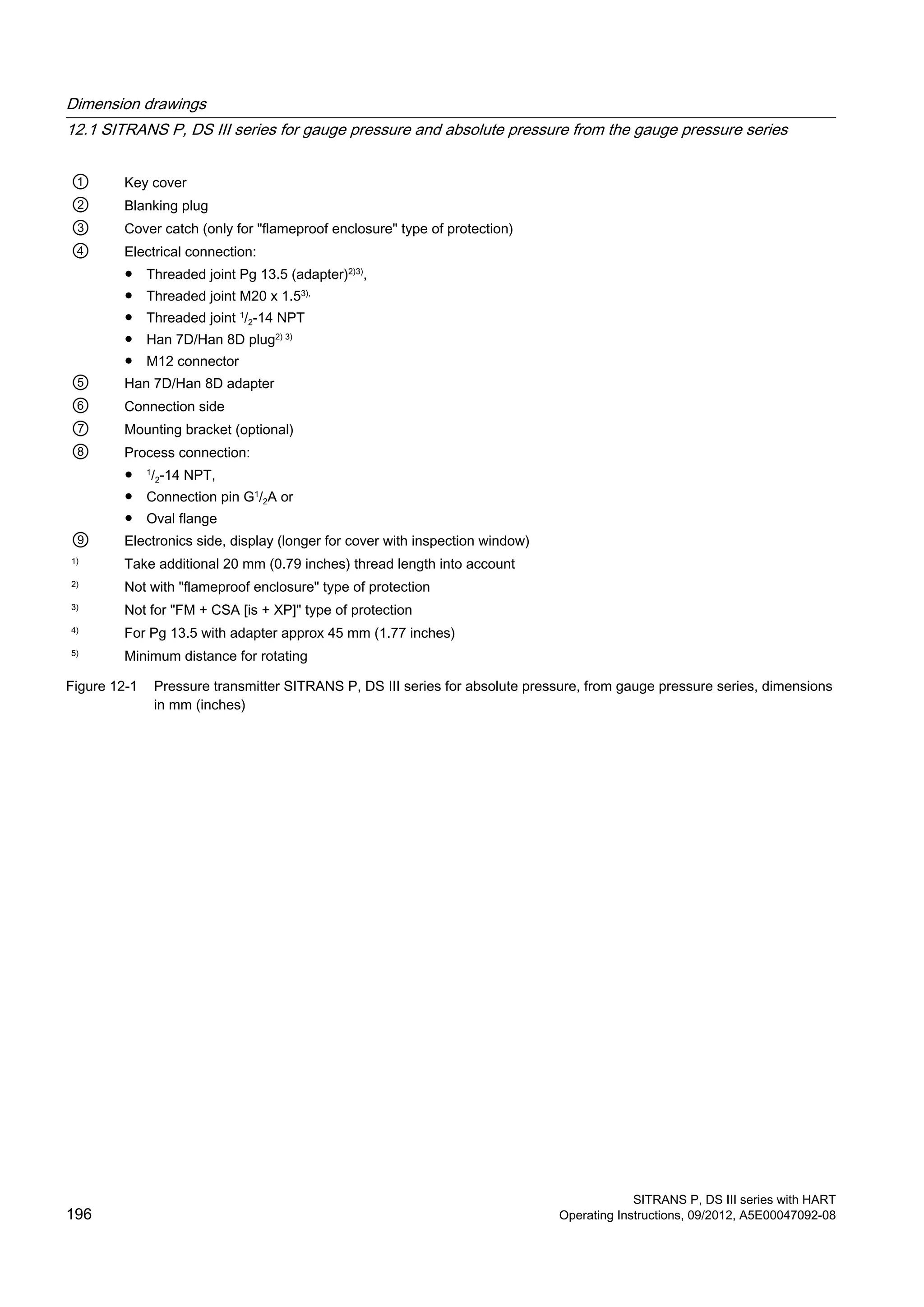 ① Key cover
② Blanking plug
③ Cover catch (only for "flameproof enclosure" type of protection)
④ Electrical connection:
● Threaded joint Pg 13.5 (adapter)2)3)
,
● Threaded joint M20 x 1.53),
● Threaded joint 1
/2-14 NPT
● Han 7D/Han 8D plug2) 3)
● M12 connector
⑤ Han 7D/Han 8D adapter
⑥ Connection side
⑦ Mounting bracket (optional)
⑧ Process connection:
● 1
/2-14 NPT,
● Connection pin G1
/2A or
● Oval flange
⑨ Electronics side, display (longer for cover with inspection window)
1)
Take additional 20 mm (0.79 inches) thread length into account
2)
Not with "flameproof enclosure" type of protection
3)
Not for "FM + CSA [is + XP]" type of protection
4)
For Pg 13.5 with adapter approx 45 mm (1.77 inches)
5)
Minimum distance for rotating
Figure 12-1 Pressure transmitter SITRANS P, DS III series for absolute pressure, from gauge pressure series, dimensions
in mm (inches)
Dimension drawings
12.1 SITRANS P, DS III series for gauge pressure and absolute pressure from the gauge pressure series
SITRANS P, DS III series with HART
196 Operating Instructions, 09/2012, A5E00047092-08
 