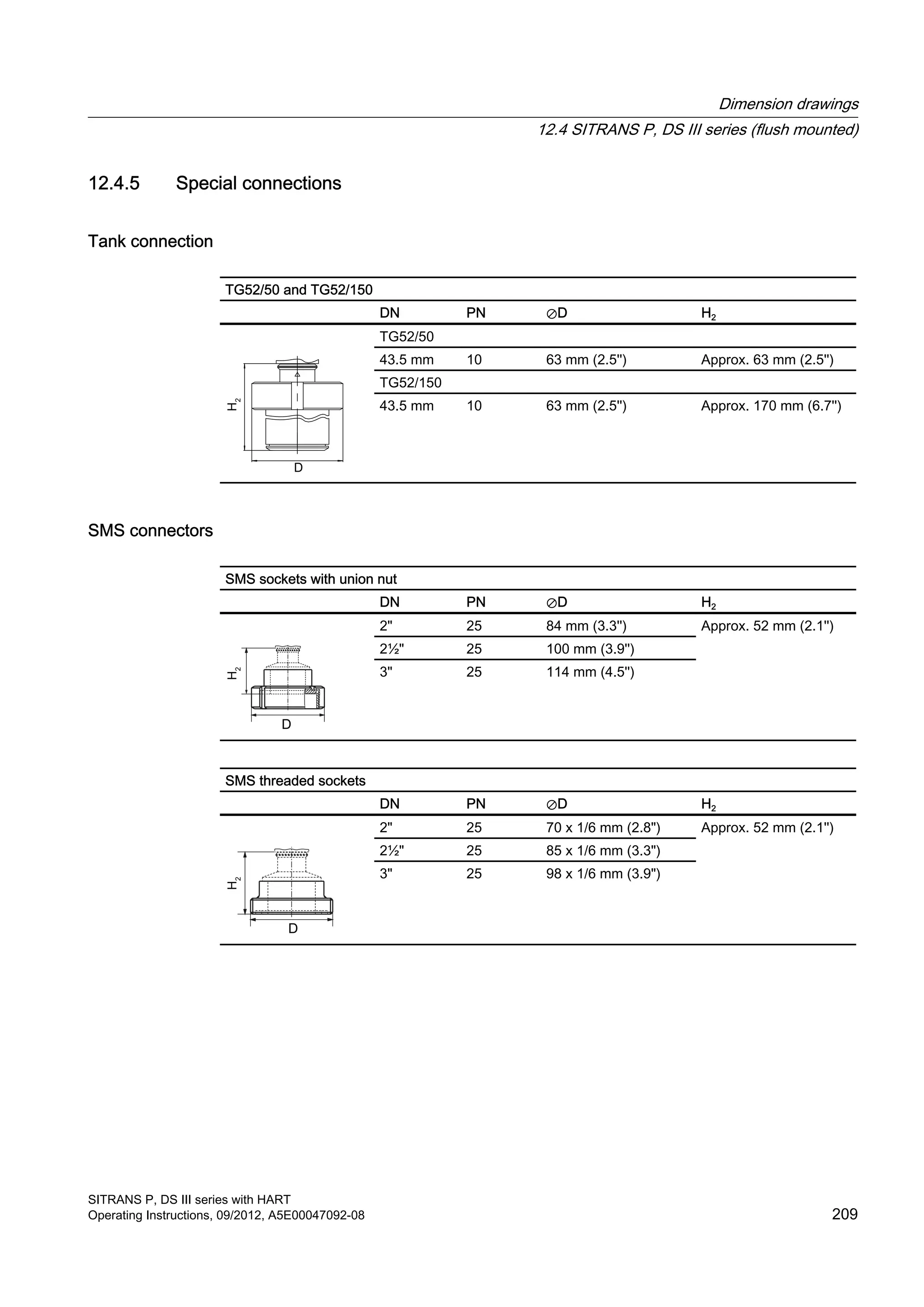 12.4.5 Special connections
Tank connection
TG52/50 and TG52/150
DN PN ⊘D H2
TG52/50
43.5 mm 10 63 mm (2.5'') Approx. 63 mm (2.5'')
TG52/150
43.5 mm 10 63 mm (2.5'') Approx. 170 mm (6.7'')
SMS connectors
SMS sockets with union nut
DN PN ⊘D H2
2" 25 84 mm (3.3'') Approx. 52 mm (2.1'')
2½" 25 100 mm (3.9'')
3" 25 114 mm (4.5'')
SMS threaded sockets
DN PN ⊘D H2
2" 25 70 x 1/6 mm (2.8") Approx. 52 mm (2.1'')
2½" 25 85 x 1/6 mm (3.3")
3" 25 98 x 1/6 mm (3.9")
Dimension drawings
12.4 SITRANS P, DS III series (flush mounted)
SITRANS P, DS III series with HART
Operating Instructions, 09/2012, A5E00047092-08 209
 