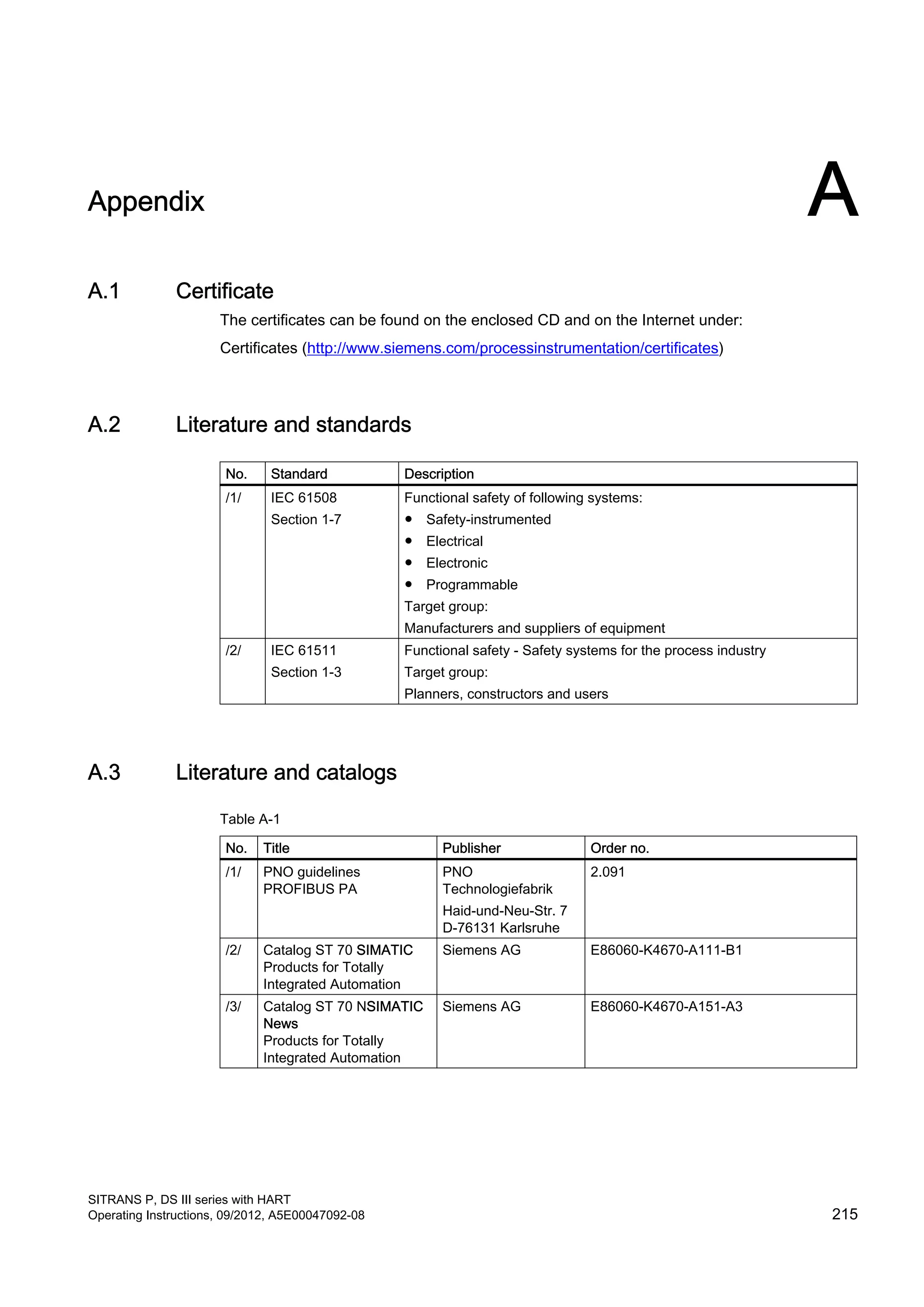 Appendix A
A.1 Certificate
The certificates can be found on the enclosed CD and on the Internet under:
Certificates (http://www.siemens.com/processinstrumentation/certificates)
A.2 Literature and standards
No. Standard Description
/1/ IEC 61508
Section 1-7
Functional safety of following systems:
● Safety-instrumented
● Electrical
● Electronic
● Programmable
Target group:
Manufacturers and suppliers of equipment
/2/ IEC 61511
Section 1-3
Functional safety - Safety systems for the process industry
Target group:
Planners, constructors and users
A.3 Literature and catalogs
Table A-1
No. Title Publisher Order no.
/1/ PNO guidelines
PROFIBUS PA
PNO
Technologiefabrik
Haid-und-Neu-Str. 7
D-76131 Karlsruhe
2.091
/2/ Catalog ST 70 SIMATIC
Products for Totally
Integrated Automation
Siemens AG E86060-K4670-A111-B1
/3/ Catalog ST 70 NSIMATIC
News
Products for Totally
Integrated Automation
Siemens AG E86060-K4670-A151-A3
SITRANS P, DS III series with HART
Operating Instructions, 09/2012, A5E00047092-08 215
 