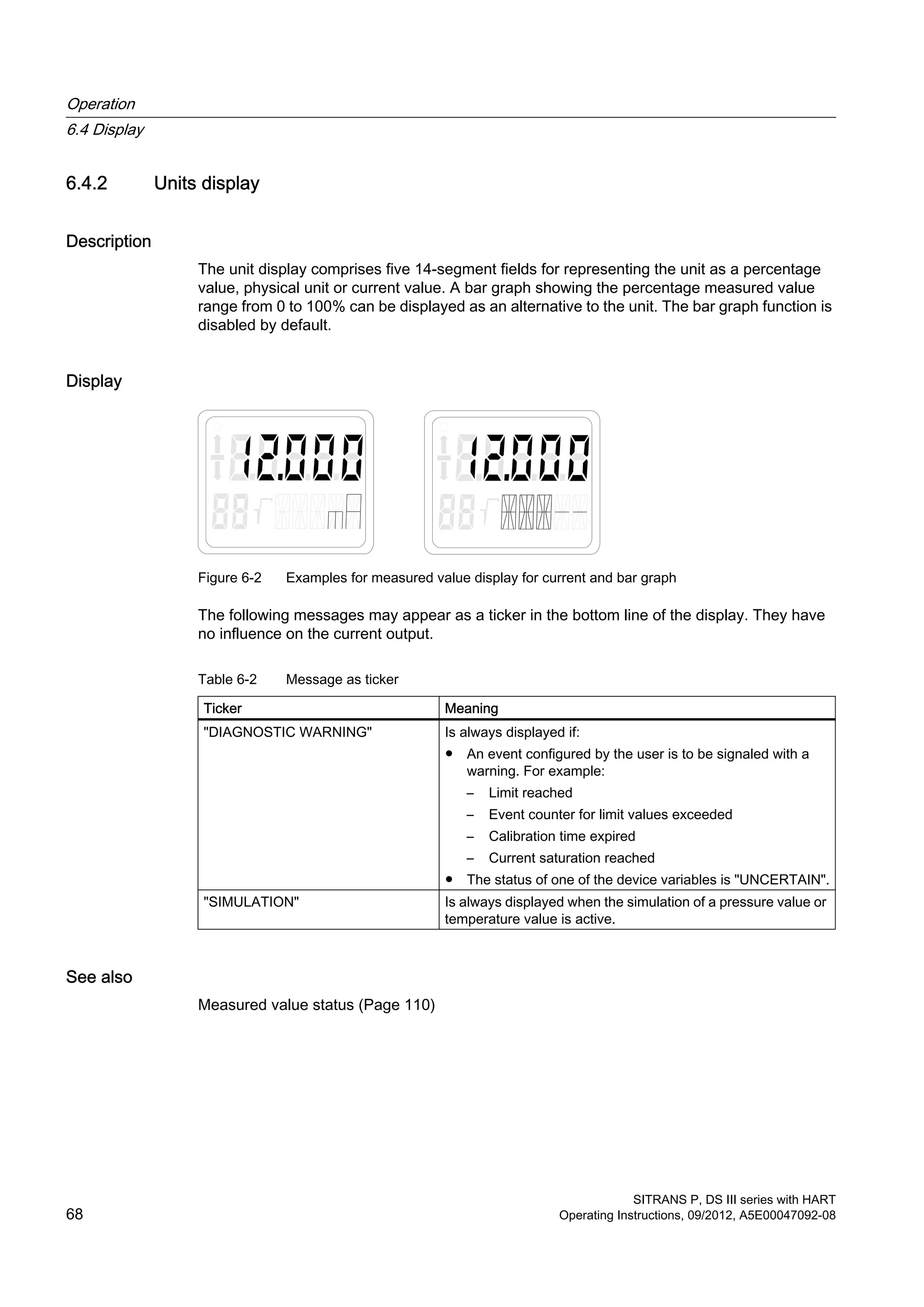 6.4.2 Units display
Description
The unit display comprises five 14-segment fields for representing the unit as a percentage
value, physical unit or current value. A bar graph showing the percentage measured value
range from 0 to 100% can be displayed as an alternative to the unit. The bar graph function is
disabled by default.
Display
Figure 6-2 Examples for measured value display for current and bar graph
The following messages may appear as a ticker in the bottom line of the display. They have
no influence on the current output.
Table 6-2 Message as ticker
Ticker Meaning
"DIAGNOSTIC WARNING" Is always displayed if:
● An event configured by the user is to be signaled with a
warning. For example:
– Limit reached
– Event counter for limit values exceeded
– Calibration time expired
– Current saturation reached
● The status of one of the device variables is "UNCERTAIN".
"SIMULATION" Is always displayed when the simulation of a pressure value or
temperature value is active.
See also
Measured value status (Page 110)
Operation
6.4 Display
SITRANS P, DS III series with HART
68 Operating Instructions, 09/2012, A5E00047092-08
 