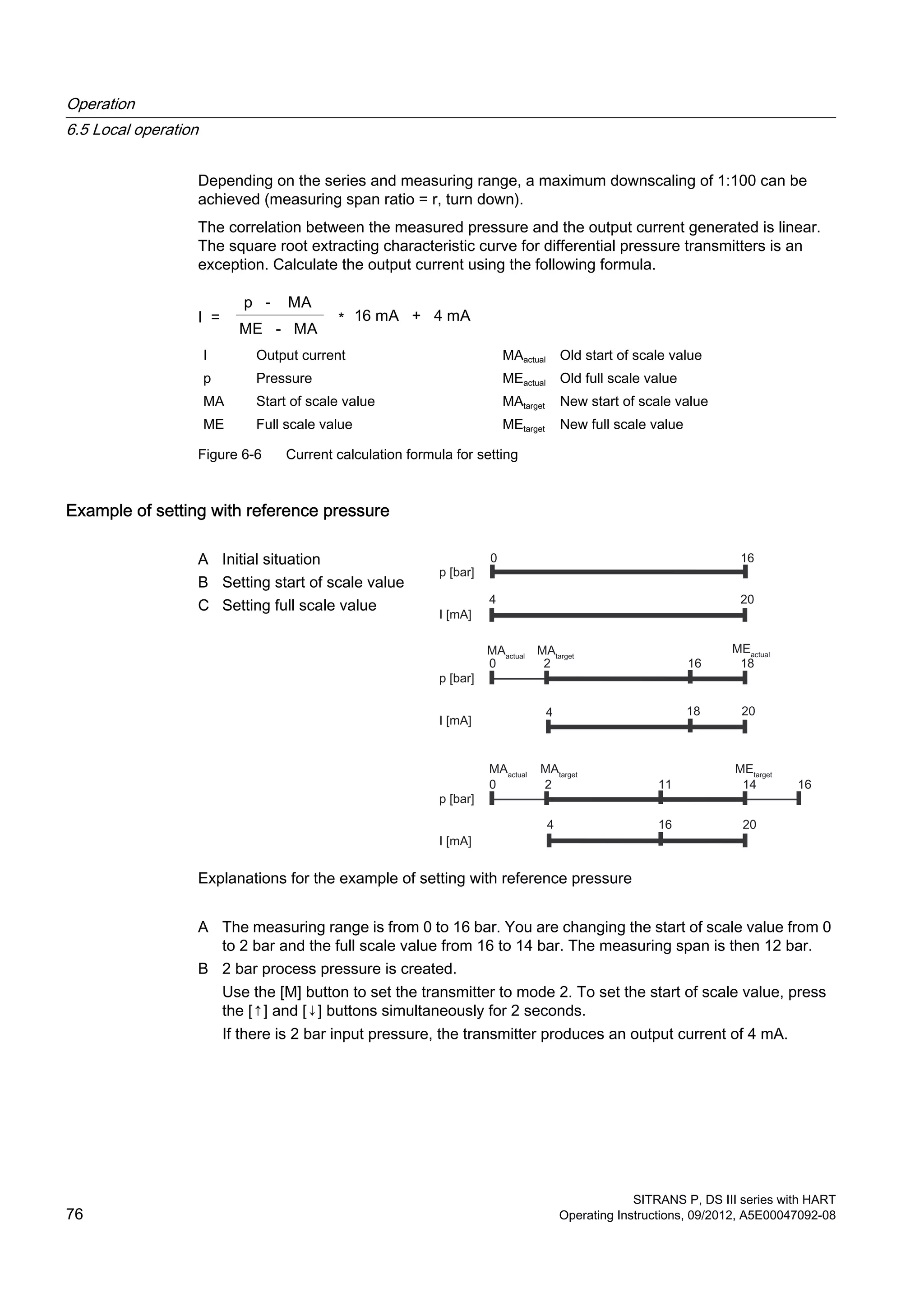 Depending on the series and measuring range, a maximum downscaling of 1:100 can be
achieved (measuring span ratio = r, turn down).
The correlation between the measured pressure and the output current generated is linear.
The square root extracting characteristic curve for differential pressure transmitters is an
exception. Calculate the output current using the following formula.
I Output current MAactual Old start of scale value
p Pressure MEactual Old full scale value
MA Start of scale value MAtarget New start of scale value
ME Full scale value MEtarget New full scale value
Figure 6-6 Current calculation formula for setting
Example of setting with reference pressure
A Initial situation
B Setting start of scale value
C Setting full scale value
Explanations for the example of setting with reference pressure
A The measuring range is from 0 to 16 bar. You are changing the start of scale value from 0
to 2 bar and the full scale value from 16 to 14 bar. The measuring span is then 12 bar.
B 2 bar process pressure is created.
Use the [M] button to set the transmitter to mode 2. To set the start of scale value, press
the [↑] and [↓] buttons simultaneously for 2 seconds.
If there is 2 bar input pressure, the transmitter produces an output current of 4 mA.
Operation
6.5 Local operation
SITRANS P, DS III series with HART
76 Operating Instructions, 09/2012, A5E00047092-08
 