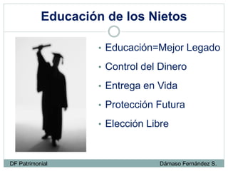 Educación de los Nietos
• Educación=Mejor Legado
• Control del Dinero
• Entrega en Vida
• Protección Futura
• Elección Libre
DF Patrimonial Dámaso Fernández S.
 
