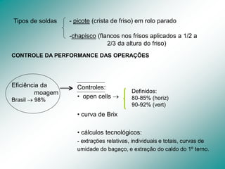 Tipos de soldas - picote (crista de friso) em rolo parado
-chapisco (flancos nos frisos aplicados a 1/2 a
2/3 da altura do friso)
CONTROLE DA PERFORMANCE DAS OPERAÇÕES
Eficiência da
moagem
Brasil  98%
Controles:
• open cells 
• curva de Brix
• cálculos tecnológicos:
- extrações relativas, individuais e totais, curvas de
umidade do bagaço, e extração do caldo do 1º terno.
Definidos:
80-85% (horiz)
90-92% (vert)
 