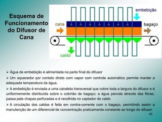 43
Esquema de
Funcionamento
do Difusor de
Cana
 Água de embebição é alimentada na parte final do difusor
 Um aquecedor por contato direto com vapor com controle automático permite manter a
adequada temperatura da água.
 A embebição é enviada a uma canaleta transversal que cobre toda a largura do difusor e é
uniformemente distribuída sobre o colchão de bagaço; a água percola através das fibras,
passa pela chapas perfuradas e é recolhida no captador de caldo
 A circulação dos caldos é feita em contra-corrente com o bagaço, permitindo assim a
manutenção de um diferencial de concentração praticamente constante ao longo do difusor.
 