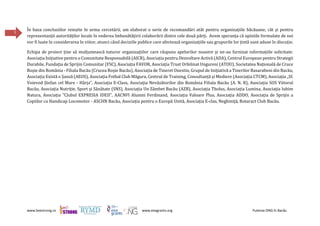 www.beestrong.ro www.eeagrants.org Puterea ONG în Bacău
5
În baza concluziilor reieșite în urma cercetării, am elaborat o serie de recomandări atât pentru organizațiile băcăuane, cât și pentru
reprezentanții autorităților locale în vederea îmbunătățirii colaborării dintre cele două părți. Avem speranța că opiniile formulate de noi
vor fi luate în considerarea în viitor, atunci când deciziile publice care afectează organizațiile sau grupurile lor țintă sunt aduse în discuție.
Echipa de proiect ține să mulțumească tuturor organizațiilor care răspuns apelurilor noastre și ne-au furnizat informațiile solicitate:
Asociația Inițiative pentru o Comunitate Responsabilă (AICR), Asociația pentru Dezvoltare Activă (ADA), Centrul European pentru Strategii
Durabile, Fundația de Sprijin Comunitar (FSC), Asociația FAVOR, Asociația Trust Orfelinat Ungureni (ATOU), Societatea Națională de Cruce
Roșie din România - Filiala Bacău (Crucea Roșie Bacău), Asociația de Tineret Onestin, Grupul de Inițiativă a Tinerilor Basarabeni din Bacău,
Asociația Există o Șansă (AEOS), Asociația Fotbal Club Măgura, Centrul de Training, Consultanță și Mediere (Asociația CTCM), Asociația „Sf.
Voievod Ștefan cel Mare - Hârja”, Asociația E-Class, Asociația Nevăzătorilor din România Filiala Bacău (A. N. R), Asociația SOS Viitorul
Bacău, Asociația Nutriție, Sport și Sănătate (SNS), Asociația Un Zâmbet Bacău (AZB), Asociația Tholus, Asociația Lumina, Asociația Iubim
Natura, Asociația "Clubul EXPRESIA IDEII", AACNFI Alumni Ferdinand, Asociația Valoare Plus, Asociația ADDO, Asociația de Sprijin a
Copiilor cu Handicap Locomotor - ASCHN Bacău, Asociația pentru o Europă Unită, Asociaţia E-clas, Neghiniţă, Rotaract Club Bacău.
 