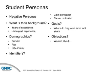 Student Personas
• Negative Personas
• What is their background?
• Years of experience
• Undergrad experience
• Demographics?
• Gender
• Age
• City or rural
• Identifiers?
• Calm demeanor
• Career motivated
• Goals?
• Where do they want to be in 5
years
• Objections?
• Worried about…
 