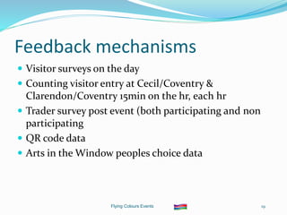 Flying Colours Events 19
Feedback mechanisms
 Visitor surveys on the day
 Counting visitor entry at Cecil/Coventry &
Clarendon/Coventry 15min on the hr, each hr
 Trader survey post event (both participating and non
participating
 QR code data
 Arts in the Window peoples choice data
 