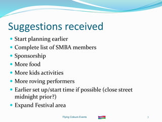 Flying Colours Events 7
Suggestions received
 Start planning earlier
 Complete list of SMBA members
 Sponsorship
 More food
 More kids activities
 More roving performers
 Earlier set up/start time if possible (close street
midnight prior?)
 Expand Festival area
 