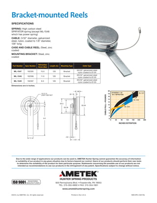 820 Pennsylvania Blvd. • Feasterville, PA 19053
TEL: 215-355-6900 • FAX: 215-354-1801
www.ametekhunterspring.com
©2013, by AMETEK, Inc. All rights reserved.	 Printed in the U.S.A.	 1M913PC (160176)
Due to the wide range of applications our products can be used in, AMETEK Hunter Spring cannot guarantee the accuracy of information
or suitability of our product in any given situation due to factors beyond our control. Users of our products should perform their own tests
to determine the suitability of the product for their particular purpose. Statements concerning the possible use of our products are not
intended as recommendations to use our products in the infringement of any patent. Specifications subject to change without notice.
ISO 9001 REGISTERED
MANUFACTURER
Bracket-mounted Reels
1.5
.75
8.0
1/2 X 13
LIGHT HEX NUT
Ø5.06
.98
2.53
.187
.59
Ø3.38
Ø4.0
20
18
16
14
12
10
8
6
4
2
0
0 48 96 144 192 240 288
INCHES EXTENTION
CABLEPULL—POUNDS
EXTENDING
RETRACTING
ML-1547
ML-1548
ML-1549
SPECIFICATIONS
SPRING: High carbon steel
SPIR’ATOR spring (except ML-1548
which has power spring)
CABLE: 3/32" diameter, galvanized
steel, nylon, coated to 1/8" diameter,
126" long
CASE AND CABLE REEL: Steel, zinc
coated
MOUNTING BRACKET: Steel, zinc
coated
Part Number Spec Number
Retraction
Force (lbs)
Length (in) Mounting Type Cable Type
ML-1547 192395 15.0 126 Bracket
Ø3/32" galvanized steel
nylon coated to Ø.125
ML-1548 192396 11.0 126 Bracket
Ø3/32" galvanized steel
nylon coated to Ø.125
ML-1549 192397 8.0 126 Bracket
Ø3/32" galvanized steel
nylon coated to Ø.125
Dimensions are in inches.
 