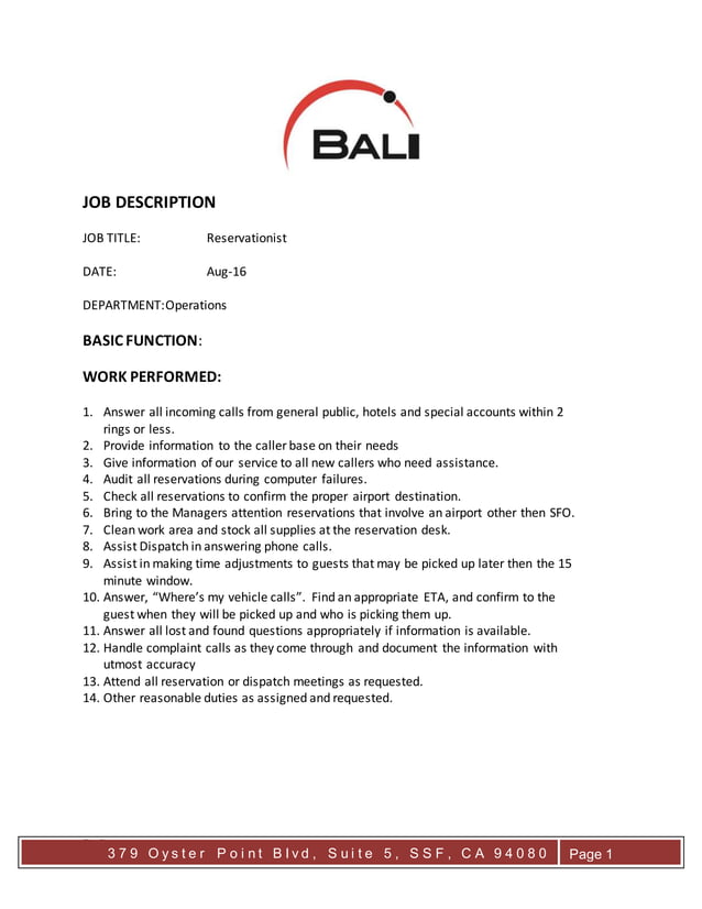 Job Description Reservationist PDF