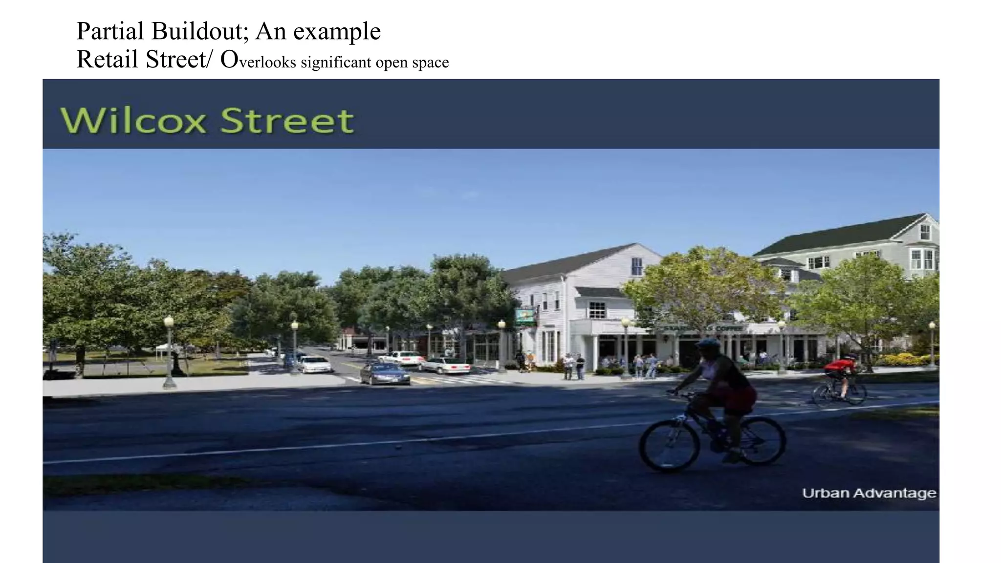Partial Buildout; An example
Retail Street/ Overlooks significant open space
 