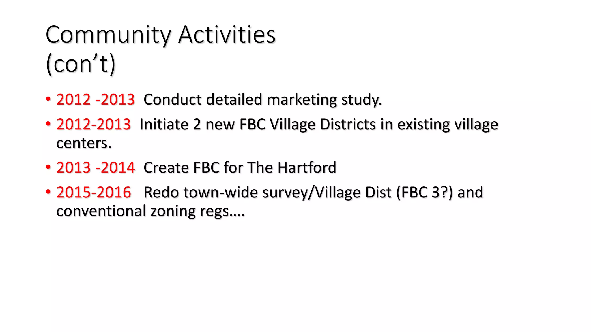 Community Activities
(con’t)
• 2012 -2013 Conduct detailed marketing study.
• 2012-2013 Initiate 2 new FBC Village Districts in existing village
centers.
• 2013 -2014 Create FBC for The Hartford
• 2015-2016 Redo town-wide survey/Village Dist (FBC 3?) and
conventional zoning regs….
 
