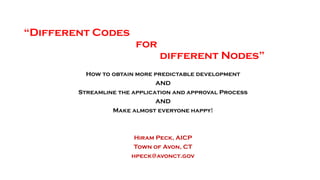 “Different Codes
for
different Nodes”
How to obtain more predictable development
AND
Streamline the application and approval Process
AND
Make almost everyone happy!
Hiram Peck, AICP
Town of Avon, CT
hpeck@avonct.gov
 