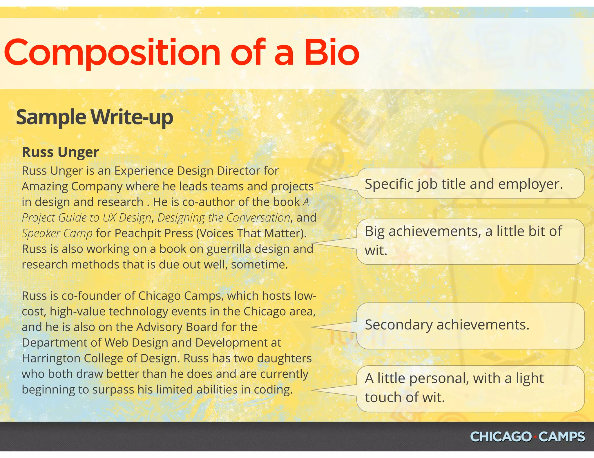 Composition of a Bio
Sample Write-up
Russ Unger
Russ Unger is an Experience Design Director for
Amazing Company where he leads teams and projects
in design and research . He is co-author of the book A
Project Guide to UX Design, Designing the Conversation, and
Speaker Camp for Peachpit Press (Voices That Matter).
Russ is also working on a book on guerrilla design and
research methods that is due out well, sometime.
Russ is co-founder of Chicago Camps, which hosts low-
cost, high-value technology events in the Chicago area,
and he is also on the Advisory Board for the
Department of Web Design and Development at
Harrington College of Design. Russ has two daughters
who both draw better than he does and are currently
beginning to surpass his limited abilities in coding.
Speciﬁc job title and employer.
Big achievements, a little bit of
wit.
Secondary achievements.
A little personal, with a light
touch of wit.
 