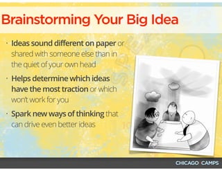 • Ideas sound different on paper or
shared with someone else than in
the quiet of your own head
• Helps determine which ideas
have the most traction or which
won’t work for you
• Spark new ways of thinking that
can drive even better ideas
Brainstorming Your Big Idea
 