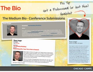 The Bio
The Medium Bio - Conference Submissions
Pro Tip:
Get a Professional (or Just Nice)
Headshot
 