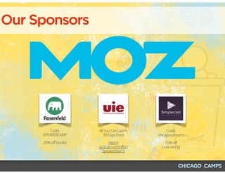 Our Sponsors
Code:
SPEAKERCAMP
20% off books!
Code:
chicagocampers
20% off
podcasting!
All You Can Learn:
30 Days Free!
http://
aycl.uie.com/offer/
SpeakerSea15
 