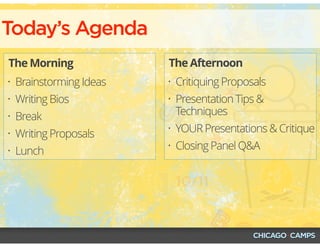 • Brainstorming Ideas
• Writing Bios
• Break
• Writing Proposals
• Lunch
• Critiquing Proposals
• Presentation Tips &
Techniques
• YOUR Presentations & Critique
• Closing Panel Q&A
The Morning The Afternoon
Today’s Agenda
 