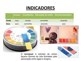 INDICADORES 
Tornasso 
l 
Fenolftaleína Alaranjado de metila Azul de bromotimol 
Ácido rosa incolor vermelho amarelo 
Base azul vermelho amarelo azul 
O tornassol é extraído de certos 
líquens (formas de vida formadas pela 
associação entre algas e fungos). 
 