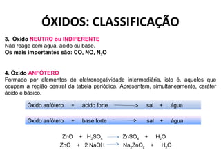 ÓXIDOS: CLASSIFICAÇÃO 
3. Óxido NEUTRO ou INDIFERENTE 
Não reage com água, ácido ou base. 
Os mais importantes são: CO, NO, N2O 
4. Óxido ANFÓTERO 
Formado por elementos de eletronegatividade intermediária, isto é, aqueles que 
ocupam a região central da tabela periódica. Apresentam, simultaneamente, caráter 
ácido e básico. 
Óxido anfótero + ácido forte sal + água 
Óxido anfótero + base forte sal + água 
ZnO + H2SO4 ZnSO4 + H2O 
ZnO + 2 NaOH Na2ZnO2 + H2O 
 