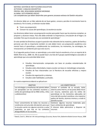 MATERIA: GESTIÓN DE INSTITUCIONES EDUCATIVAS
ACTIVIDAD: 5 ANALISIS DESCRIPTIVO
PROFRA: DRA. ROSA MARIA MORENO MEDRANO
ALUMNA: IVETH ROMERO VÁZUEZ
Las competencias que deben desarrollar para generar procesos exitosos de Gestión educativa
Un director debe ser un líder además de ser buen gestor, conoce y percibe el crecimiento hacia la
excelencia. Por lo tanto, un director escolar debe:
Tener una preparación
Conocer las causas del aprendizaje y la excelencia escolar
Los directores deben tener una preparación escolar para poder hacer que los alumnos compitan, se
preparen y alcancen metas. Para ello debe entender la importancia y vinculación de el hogar y la
sociedad. Para que la escuela sea una sociedad de aprendizaje.1
En este sentido los Directivos ocupan la posición más relevante de los maestros, padres de familia y
personal, por ello es importante también no solo deben tener una preparación académica sino
mental hacia el aprendizaje y estableciendo las condiciones, los momentos, las estrategias, las
innovaciones y el ambiente para que esto ocurra.
En el segundo punto el tener un aprendizaje y una visión hacia la excelencia, el en un reporte de la
OGDE (Pont et al,, 2008: 33, 34) se puede hacer una lista de 5 grupos epistemológicos asociados al
aprendizaje que una autoridad debe tener.
• Estudios Internacionales comparados con base en pruebas estandarizadas de
aprendizaje.
• Estudios sobre efectividad y mejora escolar con base en metodología comparada.
• Estudios de faso relacionados con la literatura de escuelas efectivas y mejora
escolar.
• Estudios de organización y sistemas.
• Estudios sobe habilidades y actitudes.
En nuestra experiencia laboral se aplicaría en:
OBJETIVO LAS COMPETENCIAS
Las estrategias y enseñanzas del plantel deben
ser apropiadas con los contextos escolares y
estilos de aprendizaje de los NNA (niños, niñas
y adolescentes)
Conocer el contexto de su escuela, tanto
externo como interno, en las juntas debe iniciar
con recurso, exámenes para los estilos de
aprendizaje en los momentos adecuados (al
inicio del año escolar) coordinar a los maestros
padres de familia, alumnos mismos y a toda la
plantilla escolar.
Tener conocimiento de todos los recursos y
condiciones estructurales del plantel, para que
la escuela cuente con algunos servicios o aulas
especiales, ya que hay en los contextos
desigualdades en las escuelas.
Gestionar algunos recursos materiales para
hacer ambientes de aprendizaje
El director debe administrar y disponer de
recursos.
1
Dweck, Carol S., Mind set: the new psichology of success, Nueva York, Ballantine Books Eonson House, 2008
 