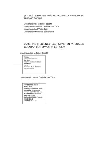 ¿EN QUÉ ZONAS DEL PAÍS SE IMPARTE LA CARRERA DE TRABAJO SOCIAL? 
Universidad de la Sallé- Bogotá 
Universidad Juan de Castellanos- Tunja 
Universidad del Valle- Cali 
Universidad Pontificia Bolivariana. 
¿QUÉ INSTITUCIONES LAS IMPARTEN Y CUÁLES CUENTAN CON MAYOR PRESTIGIO? 
Universidad de la Sallé- Bogotá 
Universidad Juan de Castellanos- Tunja 
Títulos: Trabajador(a) Social No. Reg. 180343610301100111100 Jornadas: Diurna Duración de la Carrera: Diez Semestres 
CÓDIGO SNIES: 19164. TITULO QUE OTORGA: Trabajador(a) Social. DURACIÓN: 10 Semestres. NUMERO DE CRÉDITOS: 179. METODOLOGÍA: Presencial. JORNADA: Diurna. NIVEL ACADÉMICO: Pregrado PERIODICIDAD ADMISIÓN: Semestral  