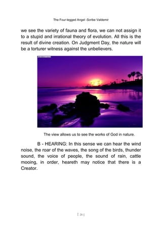 The Four-legged Angel -Scribe Valdemir
we see the variety of fauna and flora, we can not assign it
to a stupid and irrational theory of evolution. All this is the
result of divine creation. On Judgment Day, the nature will
be a torturer witness against the unbelievers.
The view allows us to see the works of God in nature.
B - HEARING: In this sense we can hear the wind
noise, the roar of the waves, the song of the birds, thunder
sound, the voice of people, the sound of rain, cattle
mooing, in order, heareth may notice that there is a
Creator.
[ 26 ]
 