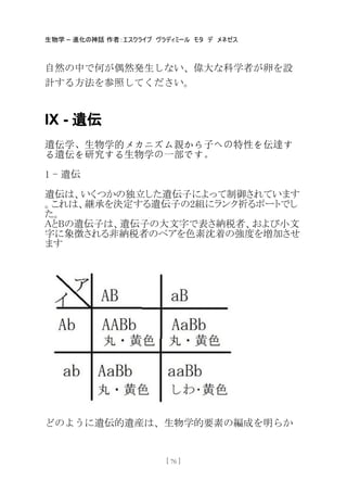生物学 – 進化の神話 作者：エスクライブ ヴラディミール モタ デ メネゼス
[ 76 ]
自然の中で何が偶然発生しない、偉大な科学者が卵を設
計する方法を参照してください。
IX - 遺伝
遺伝学、生物学的メカニズム親から子への特性を伝達す
る遺伝を研究する生物学の一部です。
1 - 遺伝
遺伝は、いくつかの独立した遺伝子によって制御されています
。これは、継承を決定する遺伝子の2組にランク祈るポートでし
た。
AとBの遺伝子は、遺伝子の大文字で表さ納税者、および小文
字に象徴される非納税者のペアを色素沈着の強度を増加させ
ます
どのように遺伝的遺産は、生物学的要素の編成を明らか
 