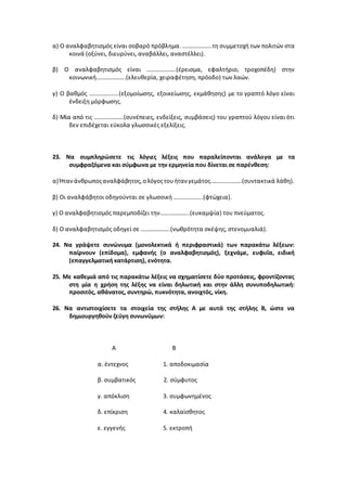 α) Ο αναλφαβητισμός είναι σοβαρό πρόβλημα. ………………..τη συμμετοχή των πολιτών στα
κοινά (οξύνει, διευρύνει, αναβάλλει, αναστέλλει).
β) Ο αναλφαβητισμός είναι ………………..(έρεισμα, εφαλτήριο, τροχοπέδη) στην
κοινωνική………………..(ελευθερία, χειραφέτηση, πρόοδο) των λαών.
γ) Ο βαθμός ………………..(εξομοίωσης, εξοικείωσης, εκμάθησης) με το γραπτό λόγο είναι
ένδειξη μόρφωσης.
δ) Μία από τις ………………..(συνέπειες, ενδείξεις, συμβάσεις) του γραπτού λόγου είναι ότι
δεν επιδέχεται εύκολα γλωσσικές εξελίξεις.
23. Να συμπληρώσετε τις λόγιες λέξεις που παραλείπονται ανάλογα με τα
συμφραζόμενα και σύμφωνα με την ερμηνεία που δίνεται σε παρένθεση:
α) Ήτανάνθρωποςαναλφάβητος,ολόγοςτουήταν γεμάτος.………………..(συντακτικά λάθη).
β) Οι αναλφάβητοι οδηγούνται σε γλωσσική ………………..(φτώχεια).
γ) Ο αναλφαβητισμός παρεμποδίζει την………………..(ευκαμψία) του πνεύματος.
δ) Ο αναλφαβητισμός οδηγεί σε ………………..(νωθρότητα σκέψης, στενομυαλιά).
24. Να γράψετε συνώνυμα (μονολεκτικά ή περιφραστικά) των παρακάτω λέξεων:
παίρνουν (επίδομα), εμφανής (ο αναλφαβητισμός), ξεχνάμε, ευφυΐα, ειδική
(επαγγελματική κατάρτιση), ενότητα.
25. Με καθεμιά από τις παρακάτω λέξεις να σχηματίσετε δύο προτάσεις, φροντίζοντας
στη μία η χρήση της λέξης να είναι δηλωτική και στην άλλη συνυποδηλωτική:
προσιτός, αθάνατος, συντηρώ, πυκνότητα, ανοιχτός, νίκη.
26. Να αντιστοιχίσετε τα στοιχεία της στήλης Α με αυτά της στήλης Β, ώστε να
δημιουργηθούν ζεύγη συνωνύμων:
Α Β
α. έντεχνος 1. αποδοκιμασία
β. συμβατικός 2. σύμφυτος
γ. απόκλιση 3. συμφωνημένος
δ. επίκριση 4. καλαίσθητος
ε. εγγενής 5. εκτροπή
 