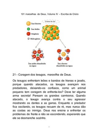 101 maravilhas de Deus, Volume IV – Escriba de Cristo
31
21 - Coragem dos texugos, maravilha de Deus.
Os texugos enfrentam leões e bandos de hienas e javalis,
porque quando atacados, os texugos avançam nos
predadores, deixando-os confusos, como um animal
pequeno tem coragem de enfrenta-los? Deve ter alguma
arma secreta! Pensam os grandes carnívoros. Quando
atacado, o texugo avança contra o seu agressor
mostrando os dentes e as garras. Enquanto o predador
fica oscilando, os texugos recuam de ré, mas nunca dão
as costas ao inimigo. Deus nos ensina a enfrentar os
problemas de frente e não se escondendo, esperando que
ele se desmanche sozinho.
 