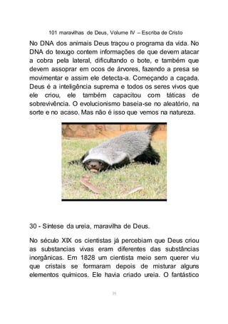 101 maravilhas de Deus, Volume IV – Escriba de Cristo
39
No DNA dos animais Deus traçou o programa da vida. No
DNA do texugo contem informações de que devem atacar
a cobra pela lateral, dificultando o bote, e também que
devem assoprar em ocos de árvores, fazendo a presa se
movimentar e assim ele detecta-a. Começando a caçada.
Deus é a inteligência suprema e todos os seres vivos que
ele criou, ele também capacitou com táticas de
sobrevivência. O evolucionismo baseia-se no aleatório, na
sorte e no acaso. Mas não é isso que vemos na natureza.
30 - Síntese da ureia, maravilha de Deus.
No século XIX os cientistas já percebiam que Deus criou
as substancias vivas eram diferentes das substâncias
inorgânicas. Em 1828 um cientista meio sem querer viu
que cristais se formaram depois de misturar alguns
elementos químicos. Ele havia criado ureia. O fantástico
 