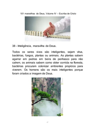 101 maravilhas de Deus, Volume IV – Escriba de Cristo
47
38 - Inteligência, maravilha de Deus.
Todos os seres vivos são inteligentes, sejam vírus,
bactérias, fungos, plantas ou animais. As plantas sabem
agarrar em pedras em beira de penhasco para não
caírem, os animais sabem como obter comida na floresta,
bactérias procuram colonizar ambientes propícios para
viverem. Os homens são os mais inteligentes porque
foram criados a imagem de Deus.
 