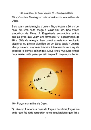 101 maravilhas de Deus, Volume IV – Escriba de Cristo
48
39 - Voo dos Flamingos norte americanos, maravilhas de
Deus.
Eles voam em formação v ou em fila, chegam a 60 km por
hora, em uma noite chega a viajar 500 km. São aviões
executivos de Deus. A Engenharia aeronáutica estima
que as aves que voam em formação “V” economizam de
20 a 30% de energia. Isso combina mais com evolução
aleatória, ou projeto científico de um Deus sábio? Voando
eles possuem uma aerodinâmica interessante com aquele
pescoço e pernas compridas. Deus criou músculos firmes
para manter este pescoço reto enquanto viajam por horas.
40 - Força, maravilha de Deus.
O universo funciona a base de força e há várias forças em
ação que faz tudo funcionar: força gravitacional que faz a
 