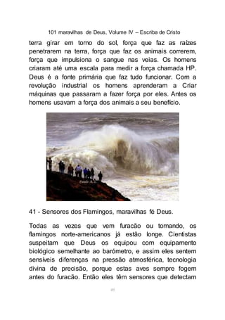 101 maravilhas de Deus, Volume IV – Escriba de Cristo
49
terra girar em torno do sol, força que faz as raízes
penetrarem na terra, força que faz os animais correrem,
força que impulsiona o sangue nas veias. Os homens
criaram até uma escala para medir a força chamada HP.
Deus é a fonte primária que faz tudo funcionar. Com a
revolução industrial os homens aprenderam a Criar
máquinas que passaram a fazer força por eles. Antes os
homens usavam a força dos animais a seu benefício.
41 - Sensores dos Flamingos, maravilhas fé Deus.
Todas as vezes que vem furacão ou tornando, os
flamingos norte-americanos já estão longe. Cientistas
suspeitam que Deus os equipou com equipamento
biológico semelhante ao barómetro, e assim eles sentem
sensíveis diferenças na pressão atmosférica, tecnologia
divina de precisão, porque estas aves sempre fogem
antes do furacão. Então eles têm sensores que detectam
 