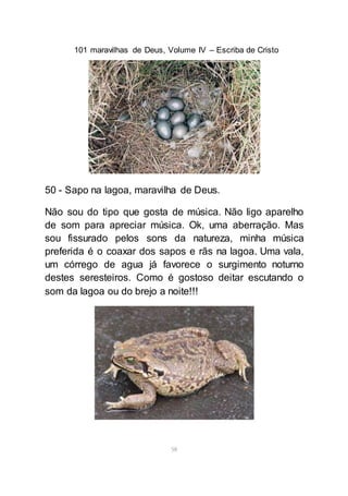 101 maravilhas de Deus, Volume IV – Escriba de Cristo
58
50 - Sapo na lagoa, maravilha de Deus.
Não sou do tipo que gosta de música. Não ligo aparelho
de som para apreciar música. Ok, uma aberração. Mas
sou fissurado pelos sons da natureza, minha música
preferida é o coaxar dos sapos e rãs na lagoa. Uma vala,
um córrego de agua já favorece o surgimento noturno
destes seresteiros. Como é gostoso deitar escutando o
som da lagoa ou do brejo a noite!!!
 