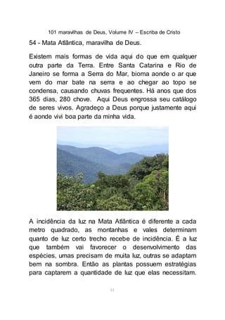 101 maravilhas de Deus, Volume IV – Escriba de Cristo
61
54 - Mata Atlântica, maravilha de Deus.
Existem mais formas de vida aqui do que em qualquer
outra parte da Terra. Entre Santa Catarina e Rio de
Janeiro se forma a Serra do Mar, bioma aonde o ar que
vem do mar bate na serra e ao chegar ao topo se
condensa, causando chuvas frequentes. Há anos que dos
365 dias, 280 chove. Aqui Deus engrossa seu catálogo
de seres vivos. Agradeço a Deus porque justamente aqui
é aonde vivi boa parte da minha vida.
A incidência da luz na Mata Atlântica é diferente a cada
metro quadrado, as montanhas e vales determinam
quanto de luz certo trecho recebe de incidência. É a luz
que também vai favorecer o desenvolvimento das
espécies, umas precisam de muita luz, outras se adaptam
bem na sombra. Então as plantas possuem estratégias
para captarem a quantidade de luz que elas necessitam.
 