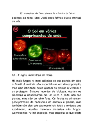 101 maravilhas de Deus, Volume IV – Escriba de Cristo
74
padrões da terra. Mas Deus criou formas quase infinitas
de vida.
68 - Fungos, maravilhas de Deus.
Há mais fungos na mata atlântica do que plantas em todo
o Brasil. A maioria são especialistas em decomposição,
mas uma infinidade deles ajudam as plantas a viverem e
as protegem. Estudos recentes de biologia, levaram os
cientistas a classificarem em um reino a parte, não são
plantas, mas são do reino fungi. Os fungos se alimentam
principalmente de cadáveres de animais e plantas, mas
também são eles que aparecem nas frutas e verduras que
apodrecem, aqueles materiais cinzentos são fungos.
Conhecemos 70 mil espécies, mas suspeita-se que exista
 