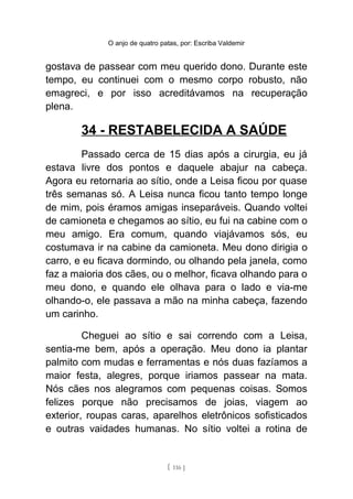 O anjo de quatro patas, por: Escriba Valdemir
gostava de passear com meu querido dono. Durante este
tempo, eu continuei com o mesmo corpo robusto, não
emagreci, e por isso acreditávamos na recuperação
plena.
34 - RESTABELECIDA A SAÚDE
Passado cerca de 15 dias após a cirurgia, eu já
estava livre dos pontos e daquele abajur na cabeça.
Agora eu retornaria ao sítio, onde a Leisa ficou por quase
três semanas só. A Leisa nunca ficou tanto tempo longe
de mim, pois éramos amigas inseparáveis. Quando voltei
de camioneta e chegamos ao sítio, eu fui na cabine com o
meu amigo. Era comum, quando viajávamos sós, eu
costumava ir na cabine da camioneta. Meu dono dirigia o
carro, e eu ficava dormindo, ou olhando pela janela, como
faz a maioria dos cães, ou o melhor, ficava olhando para o
meu dono, e quando ele olhava para o lado e via-me
olhando-o, ele passava a mão na minha cabeça, fazendo
um carinho.
Cheguei ao sítio e sai correndo com a Leisa,
sentia-me bem, após a operação. Meu dono ia plantar
palmito com mudas e ferramentas e nós duas fazíamos a
maior festa, alegres, porque iriamos passear na mata.
Nós cães nos alegramos com pequenas coisas. Somos
felizes porque não precisamos de joias, viagem ao
exterior, roupas caras, aparelhos eletrônicos sofisticados
e outras vaidades humanas. No sítio voltei a rotina de
[ 116 ]
 