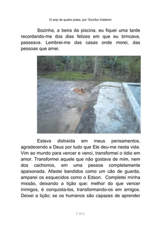 O anjo de quatro patas, por: Escriba Valdemir
Sozinha, a beira da piscina, eu fiquei uma tarde
recordando-me dos dias felizes em que eu brincava,
passeava. Lembrei-me das casas onde morei, das
pessoas que amei.
Estava distraída em meus pensamentos,
agradecendo a Deus por tudo que Ele deu-me nesta vida.
Vim ao mundo para vencer e venci, transformei o ódio em
amor. Transformei aquele que não gostava de mim, nem
dos cachorros, em uma pessoa completamente
apaixonada. Afastei bandidos como um cão de guarda,
amparei os esquecidos como o Edson. Completei minha
missão, deixando a lição que: melhor do que vencer
inimigos, é conquista-los, transformando-os em amigos.
Deixei a lição; se os humanos são capazes de aprender
[ 121 ]
 