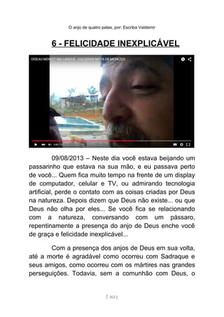O anjo de quatro patas, por: Escriba Valdemir
6 - FELICIDADE INEXPLICÁVEL
09/08/2013 – Neste dia você estava beijando um
passarinho que estava na sua mão, e eu passava perto
de você... Quem fica muito tempo na frente de um display
de computador, celular e TV, ou admirando tecnologia
artificial, perde o contato com as coisas criadas por Deus
na natureza. Depois dizem que Deus não existe... ou que
Deus não olha por eles... Se você fica se relacionando
com a natureza, conversando com um pássaro,
repentinamente a presença do anjo de Deus enche você
de graça e felicidade inexplicável...
Com a presença dos anjos de Deus em sua volta,
até a morte é agradável como ocorreu com Sadraque e
seus amigos, como ocorreu com os mártires nas grandes
perseguições. Todavia, sem a comunhão com Deus, o
[ 163 ]
 