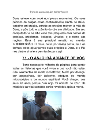 O anjo de quatro patas, por: Escriba Valdemir
Deus esteve com você nos piores momentos. Os seus
pedidos de oração estão continuamente diante de Deus,
trabalhe em oração, porque as orações movem a mão de
Deus, e põe todo o exército do céu em atividade. Em seu
computador e no sítio você tem plaquetas com nomes de
pessoas, problemas, pecados, virtudes, e o nome das
nações. Está é sua principal missão no mundo,
INTERCESSÃO. O resto, deixa por nossa conta, eu e os
demais anjos aguardamos suas orações a Deus, e o Pai
nos dará o sinal e a permissão para agir.
11 - O ANJO IRÁ ADIANTE DE VÓS
Seria necessário milhares de páginas para contar
todas as histórias que você viveu e que você não sabe.
São livramentos de morte incontáveis; Morte por doença,
por assassinato, por acidente. Ataques do mundo
microscópico e do mundo espiritual. Você chegou aos
seus 46 anos porque “um anjo foi adiante de vós.” Os
mistérios da vida somente serão revelados após a morte.
[ 171 ]
 