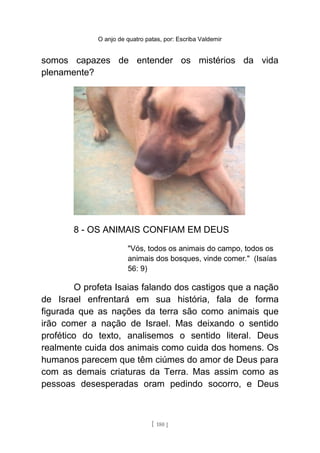 O anjo de quatro patas, por: Escriba Valdemir
somos capazes de entender os mistérios da vida
plenamente?
8 - OS ANIMAIS CONFIAM EM DEUS
"Vós, todos os animais do campo, todos os
animais dos bosques, vinde comer." (Isaías
56: 9)
O profeta Isaias falando dos castigos que a nação
de Israel enfrentará em sua história, fala de forma
figurada que as nações da terra são como animais que
irão comer a nação de Israel. Mas deixando o sentido
profético do texto, analisemos o sentido literal. Deus
realmente cuida dos animais como cuida dos homens. Os
humanos parecem que têm ciúmes do amor de Deus para
com as demais criaturas da Terra. Mas assim como as
pessoas desesperadas oram pedindo socorro, e Deus
[ 180 ]
 
