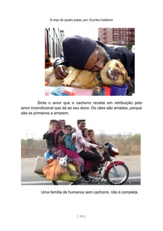 O anjo de quatro patas, por: Escriba Valdemir
Sinta o amor que o cachorro recebe em retribuição pelo
amor incondicional que dá ao seu dono. Os cães são amados, porque
são os primeiros a amarem.
Uma família de humanos sem cachorro, não é completa.
[ 205 ]
 