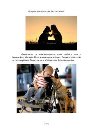 O anjo de quatro patas, por: Escriba Valdemir
Geralmente os relacionamentos mais perfeitos que o
homem tem são com Deus e com seus animais. Se os homens são
os reis do planeta Terra, os seus súditos mais fieis são os cães.
[ 206 ]
 