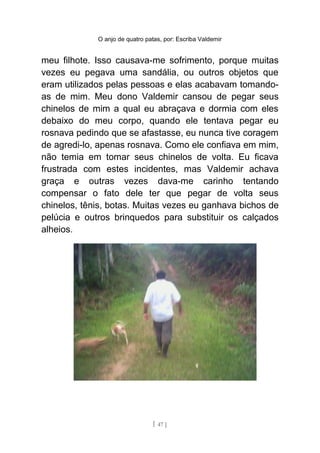 O anjo de quatro patas, por: Escriba Valdemir
meu filhote. Isso causava-me sofrimento, porque muitas
vezes eu pegava uma sandália, ou outros objetos que
eram utilizados pelas pessoas e elas acabavam tomando-
as de mim. Meu dono Valdemir cansou de pegar seus
chinelos de mim a qual eu abraçava e dormia com eles
debaixo do meu corpo, quando ele tentava pegar eu
rosnava pedindo que se afastasse, eu nunca tive coragem
de agredi-lo, apenas rosnava. Como ele confiava em mim,
não temia em tomar seus chinelos de volta. Eu ficava
frustrada com estes incidentes, mas Valdemir achava
graça e outras vezes dava-me carinho tentando
compensar o fato dele ter que pegar de volta seus
chinelos, tênis, botas. Muitas vezes eu ganhava bichos de
pelúcia e outros brinquedos para substituir os calçados
alheios.
[ 47 ]
 