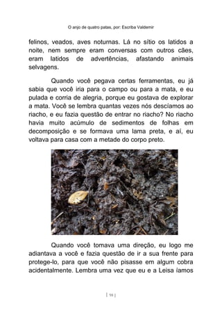 O anjo de quatro patas, por: Escriba Valdemir
felinos, veados, aves noturnas. Lá no sítio os latidos a
noite, nem sempre eram conversas com outros cães,
eram latidos de advertências, afastando animais
selvagens.
Quando você pegava certas ferramentas, eu já
sabia que você iria para o campo ou para a mata, e eu
pulada e corria de alegria, porque eu gostava de explorar
a mata. Você se lembra quantas vezes nós descíamos ao
riacho, e eu fazia questão de entrar no riacho? No riacho
havia muito acúmulo de sedimentos de folhas em
decomposição e se formava uma lama preta, e aí, eu
voltava para casa com a metade do corpo preto.
Quando você tomava uma direção, eu logo me
adiantava a você e fazia questão de ir a sua frente para
protege-lo, para que você não pisasse em algum cobra
acidentalmente. Lembra uma vez que eu e a Leisa íamos
[ 98 ]
 