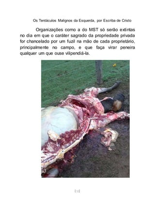 Os Tentáculos Malignos da Esquerda, por Escriba de Cristo
[32]
Organizações como a do MST só serão extintas
no dia em que o caráter sagrado da propriedade privada
for chancelado por um fuzil na mão de cada proprietário,
principalmente no campo, e que faça virar peneira
qualquer um que ouse vilipendiá-la.
 