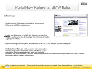 PortalNow Referenz: BMW Italia Anforderungen Beseitigung von Terabytes unkontrollierter gemeinsamer Dokumente auf Netzwerklaufwerken Inhalte und Dokumente innerhalb des Unternehmens und mit Partnern austauschen bei gleichzeitiger Kontrolle des von außen zugänglichen Inhalts Produktivität der Benutzer erhöhen, indem man verschiedene Informationsquellen in einen sinnvollen Kontext setzt (auch Dokumente, Domino-Anwendungen, Back-end-Systeme) Lösung Implementierung von WebSphere Portal Server, WCM und Quickr mit dem PortalNow Template Erstellung von personalisierten Desktops mit ergiebigem Inhalt und Kollaborationsmöglichkeiten mit sowohl internen Mitarbeitern als auch extern mit Händlern WCM verwaltet nun mehr als 1 Terabyte nützlicher Dokumentation und stellt diese über das Portal zur Verfügung Zentralisierte Speicherung von Inhalten und granulare Zugriffssteuerung, um dem richtigen Publikum Zugriff zu gestatten – ob Angestellte oder Händler im Intranet; auch geplant für das Extranet Vorzüge Implementierung des Intranet Portals in einem Monat. Innerhalb zwei Monaten Lieferung von stark profilierter Information für das Intranet (Extranet geplant) Dokumente können nun einfach verwaltet und gesucht werden, Dopplungen werden vermieden  Nächste Schritte umfassen das Extranet und Hinzufügen neuer Funktionen mit Hilfe von Portal Accelerators. 